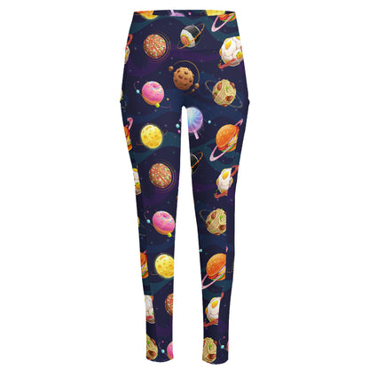 Food Planets Pattern Print High-Waisted Pocket Leggings