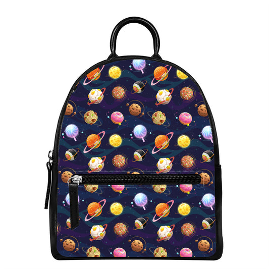 Food Planets Pattern Print Leather Backpack