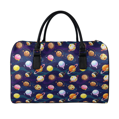 Food Planets Pattern Print Leather Duffle Bag