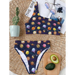Food Planets Pattern Print One Shoulder Bikini Top