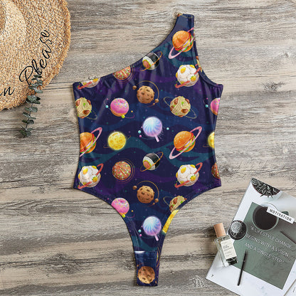 Food Planets Pattern Print One Shoulder Bodysuit