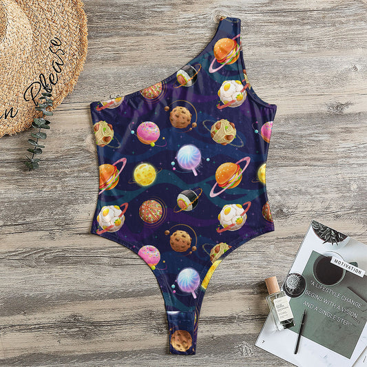 Food Planets Pattern Print One Shoulder Bodysuit