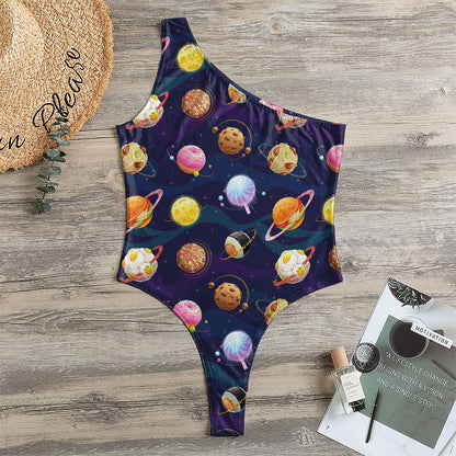 Food Planets Pattern Print One Shoulder Bodysuit