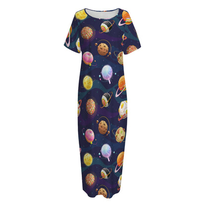 Food Planets Pattern Print Short Sleeve Long Nightdress