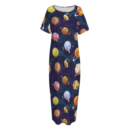 Food Planets Pattern Print Short Sleeve Long Nightdress