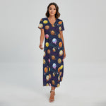 Food Planets Pattern Print Short Sleeve Maxi Dress