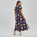 Food Planets Pattern Print Short Sleeve Maxi Dress