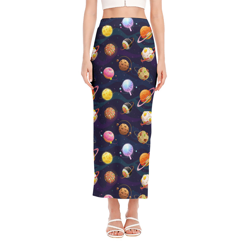 Food Planets Pattern Print Side Slit Maxi Skirt