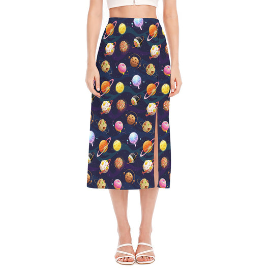 Food Planets Pattern Print Side Slit Midi Skirt