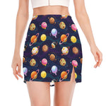 Food Planets Pattern Print Side Slit Mini Skirt
