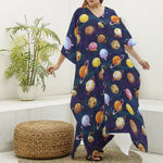 Food Planets Pattern Print Silk V-Neck Kaftan Dress