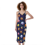 Food Planets Pattern Print Slim Fit Midi Cami Dress