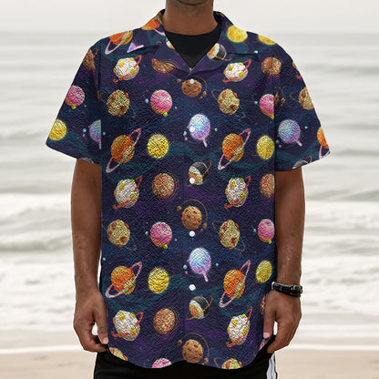 Food Planets Pattern Print Textured Short Sleeve Shirt