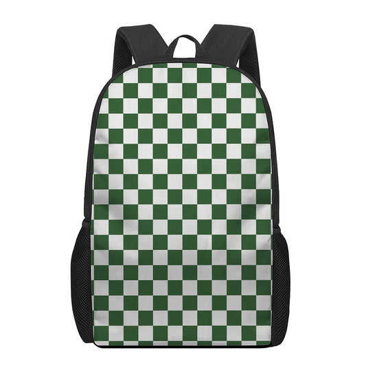 Forest Green And White Checkered Print 17 Inch Backpack