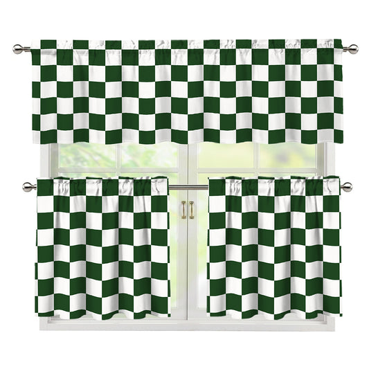 Forest Green And White Checkered Print 3 Piece Kitchen Curtains