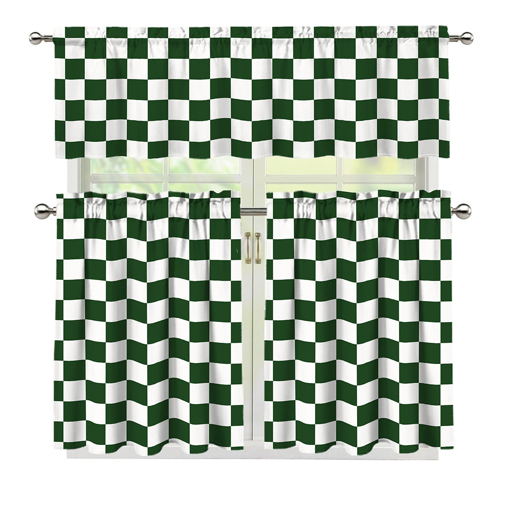 Forest Green And White Checkered Print 3 Piece Kitchen Curtains