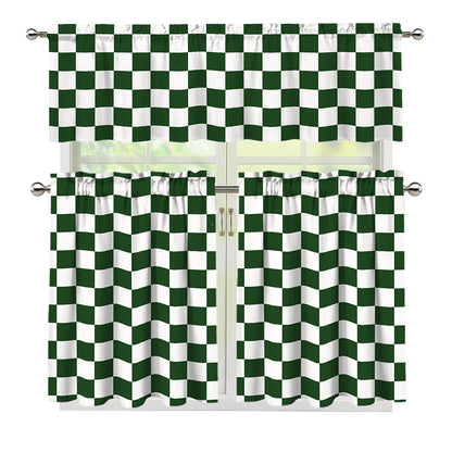 Forest Green And White Checkered Print 3 Piece Kitchen Curtains