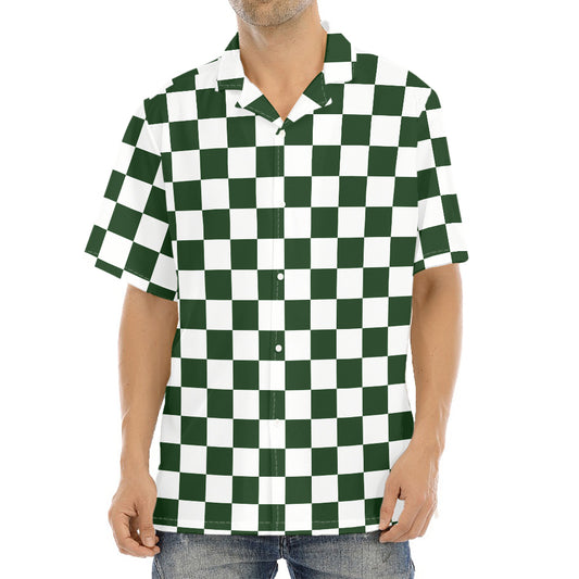 Forest Green And White Checkered Print Aloha Shirt