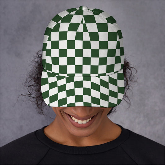 Forest Green And White Checkered Print Baseball Cap