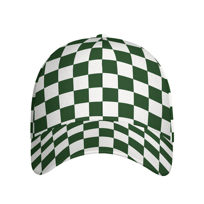 Forest Green And White Checkered Print Baseball Cap