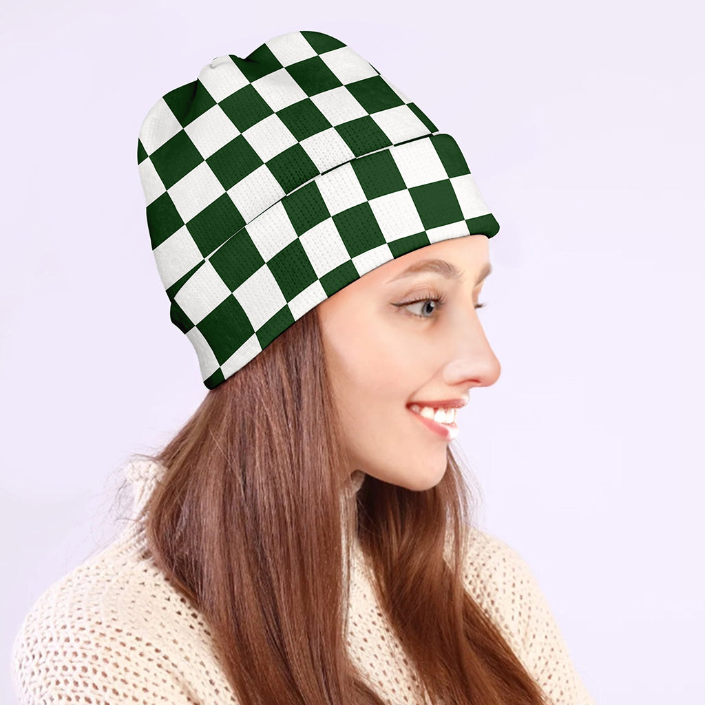 Forest Green And White Checkered Print Beanie
