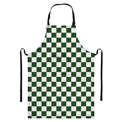 Forest Green And White Checkered Print Bib Apron With Pocket