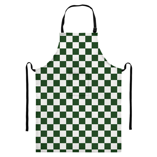 Forest Green And White Checkered Print Bib Apron With Pocket