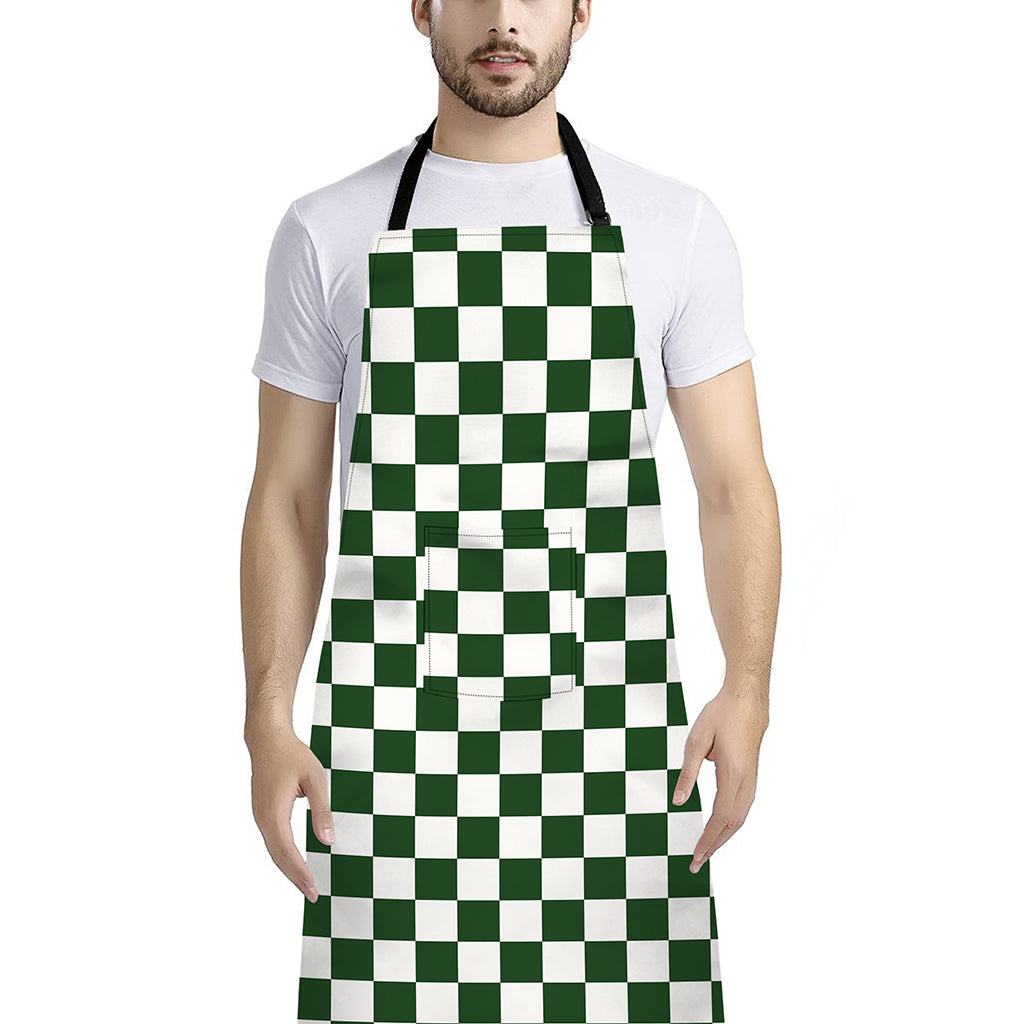 Forest Green And White Checkered Print Bib Apron With Pocket