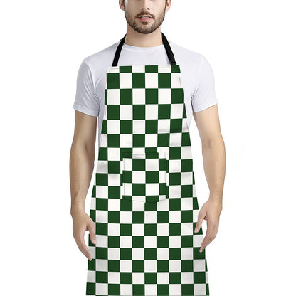 Forest Green And White Checkered Print Bib Apron With Pocket