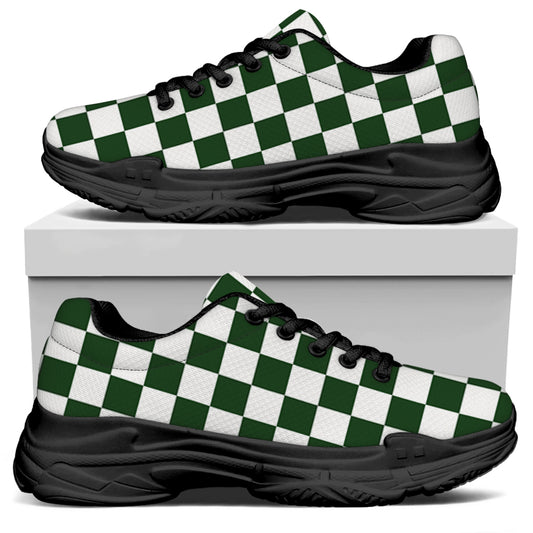 Forest Green And White Checkered Print Black Chunky Shoes