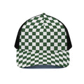 Forest Green And White Checkered Print Black Mesh Trucker Hat