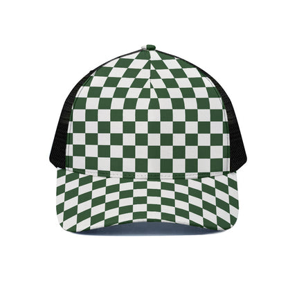 Forest Green And White Checkered Print Black Mesh Trucker Cap