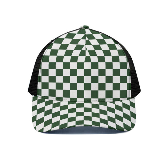 Forest Green And White Checkered Print Black Mesh Trucker Cap