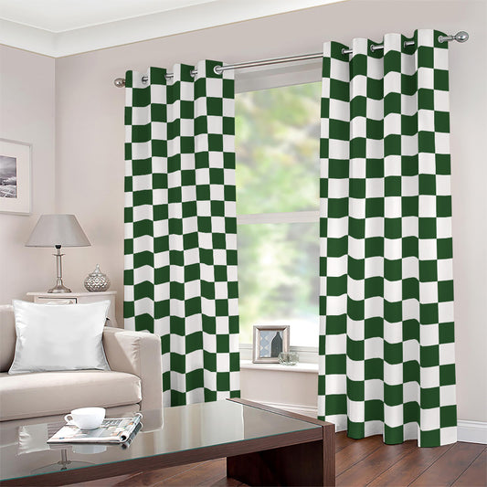 Forest Green And White Checkered Print Blackout Grommet Curtains