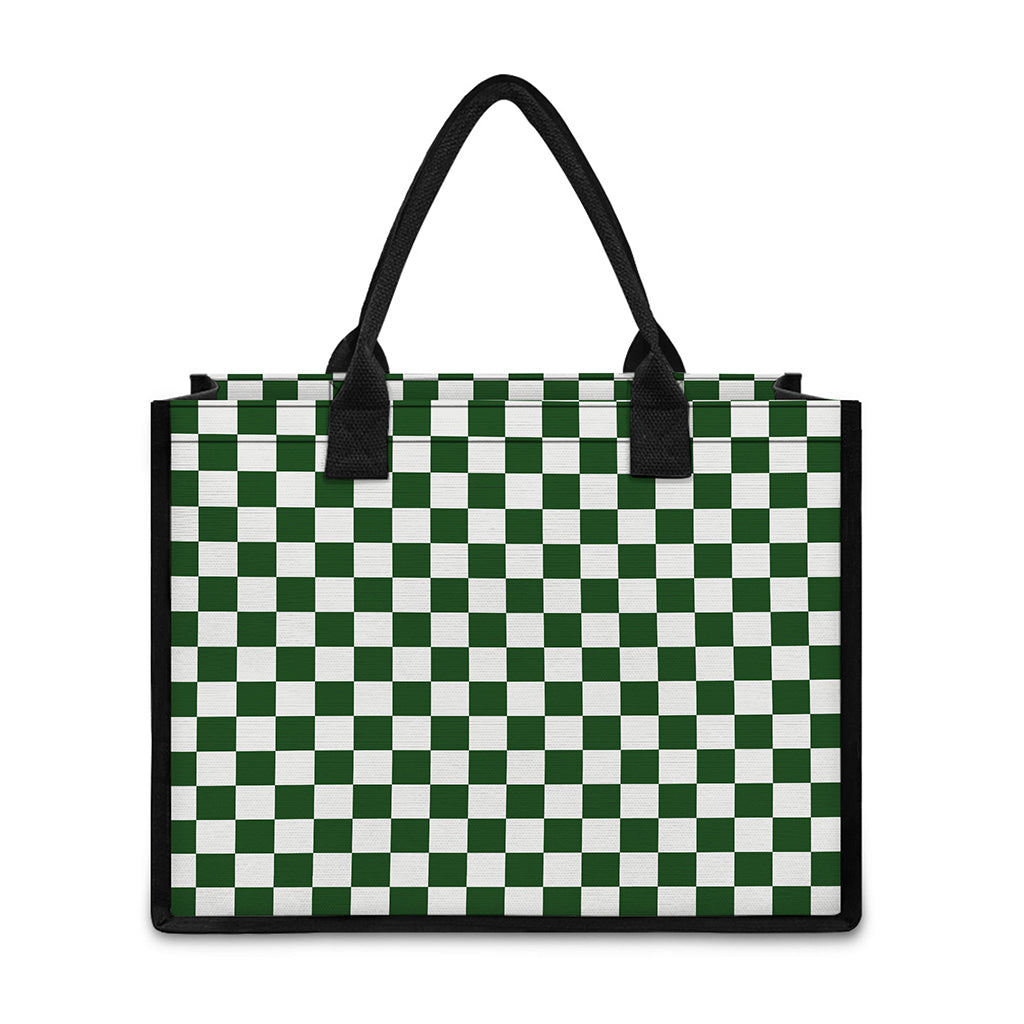Forest Green And White Checkered Print Canvas Tote Bag