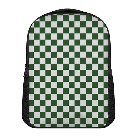 Forest Green And White Checkered Print Casual Backpack
