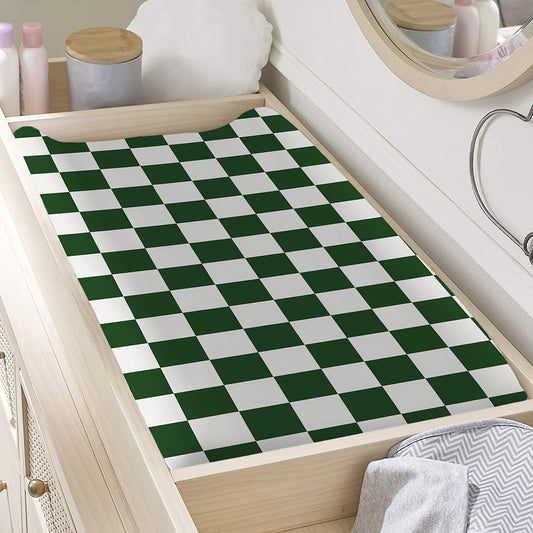 Forest Green And White Checkered Print Changing Pad Cover