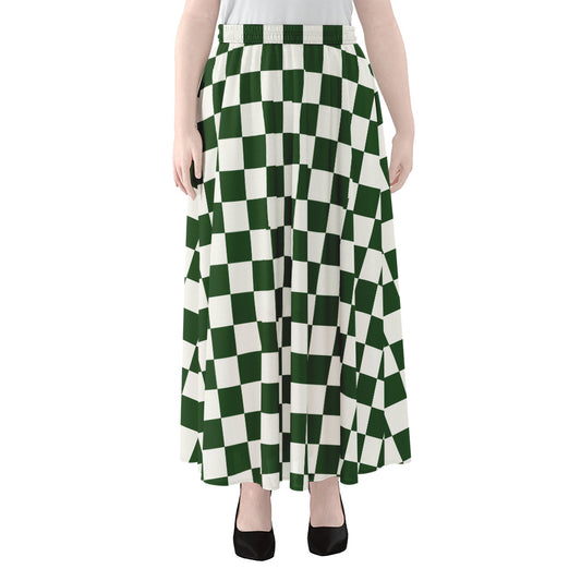 Forest Green And White Checkered Print Chiffon Maxi Skirt