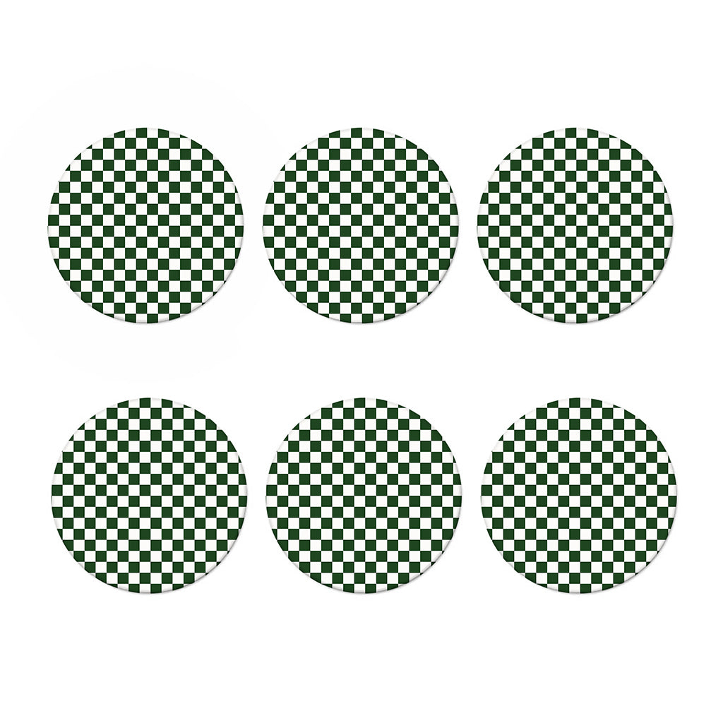 Forest Green And White Checkered Print Coaster Set