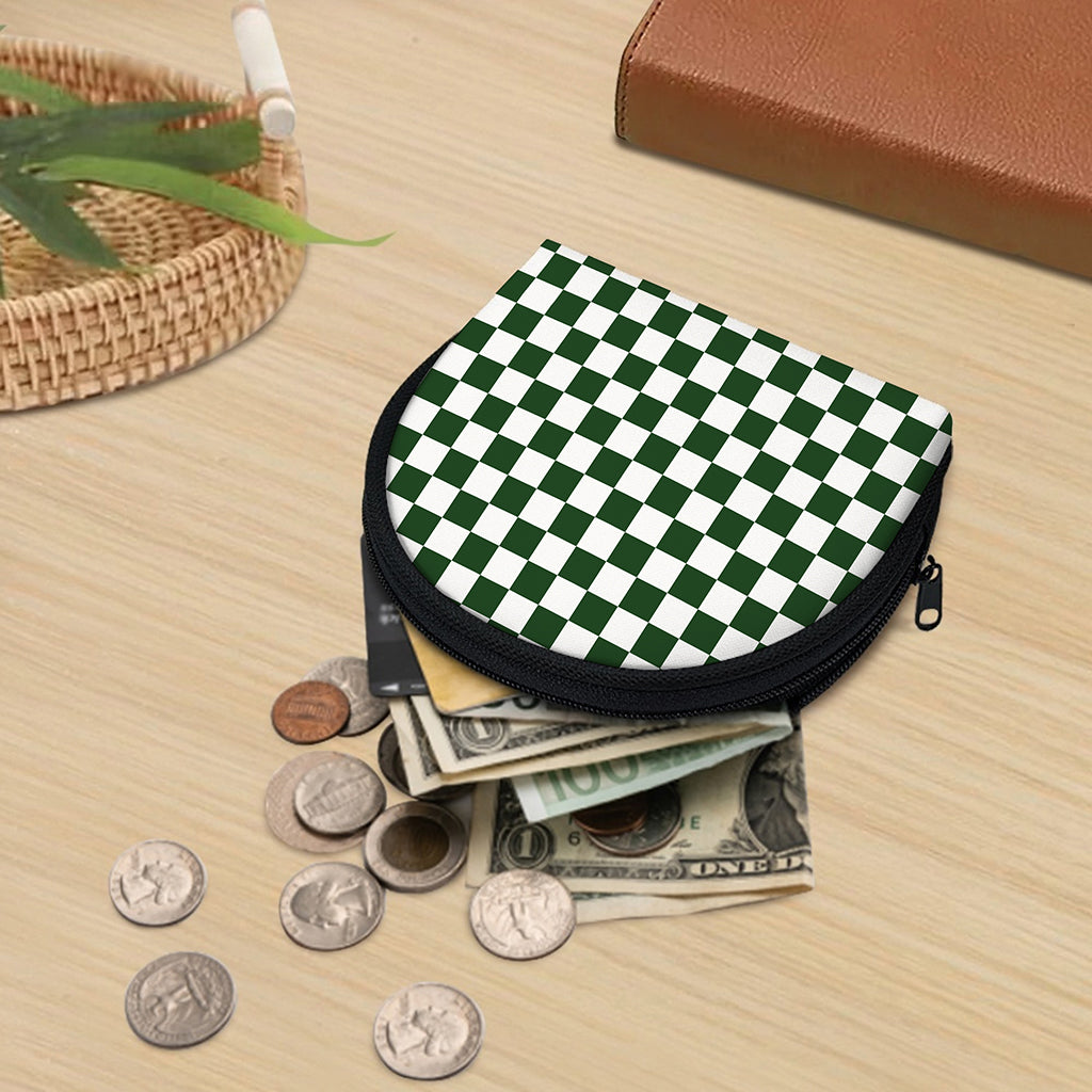 Forest Green And White Checkered Print Coin Purse