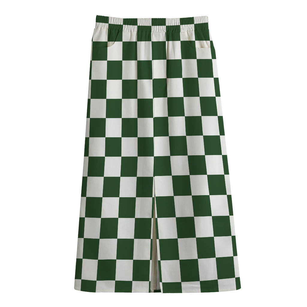 Forest Green And White Checkered Print Cotton Front Slit Maxi Skirt
