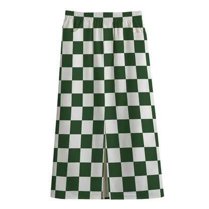 Forest Green And White Checkered Print Cotton Front Slit Maxi Skirt