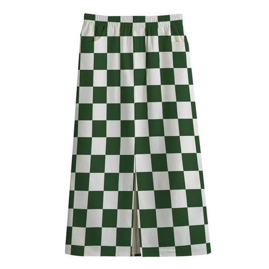 Forest Green And White Checkered Print Cotton Front Slit Maxi Skirt