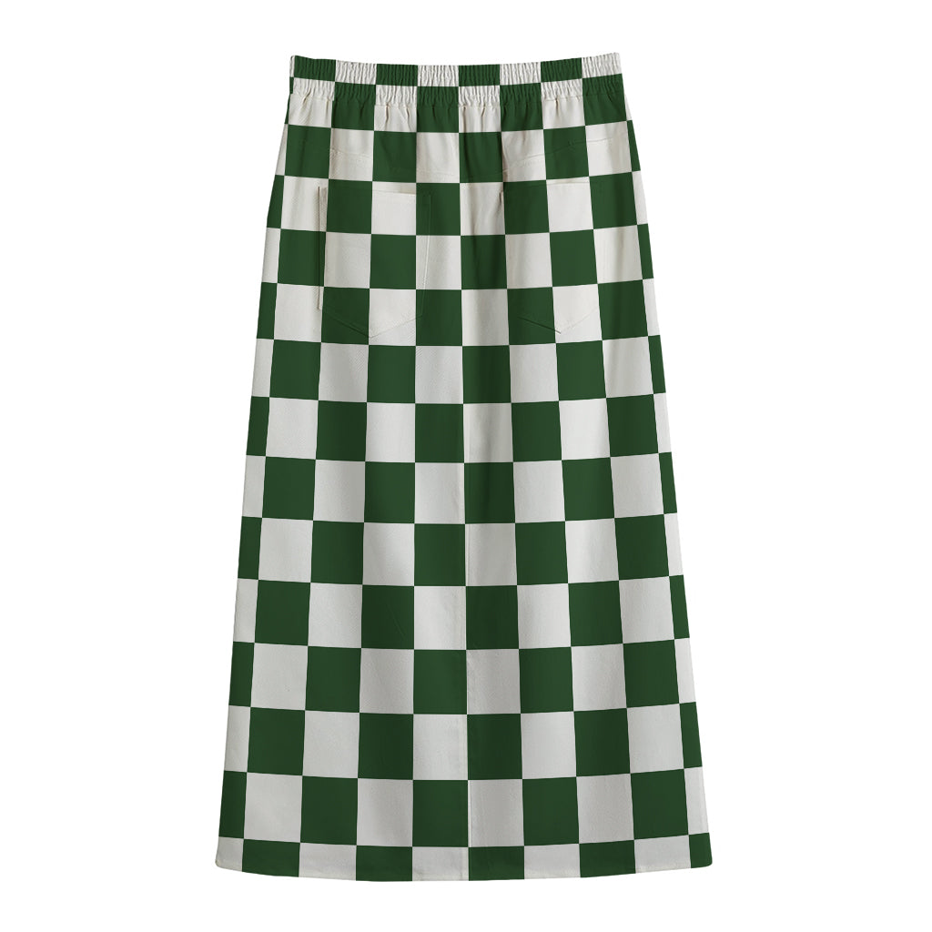 Forest Green And White Checkered Print Cotton Front Slit Maxi Skirt