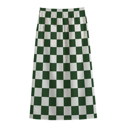Forest Green And White Checkered Print Cotton Front Slit Maxi Skirt