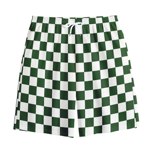 Forest Green And White Checkered Print Cotton Shorts