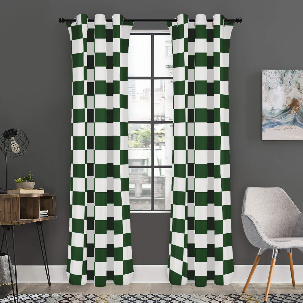 Forest Green And White Checkered Print Curtain