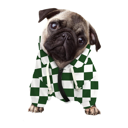 Forest Green And White Checkered Print Dog Zip Up Hoodie