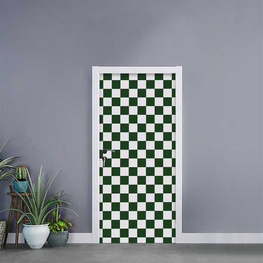 Forest Green And White Checkered Print Door Sticker