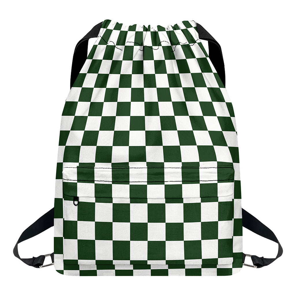 Forest Green And White Checkered Print Drawstring Backpack